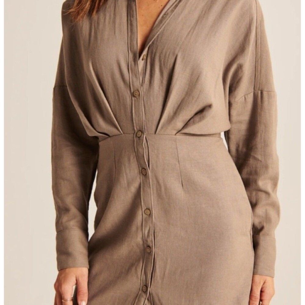 Abercrombie & Fitch Women XS Brown Linen Blend Mini Dress Summer Boho Chic - Picture 4 of 12